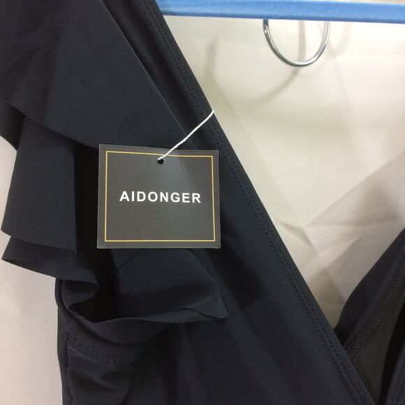 NEW AIDONGER Black Ruffle V-Neck One Piece Swim Dress Size L NWT Swimsuit - Picture 7 of 7